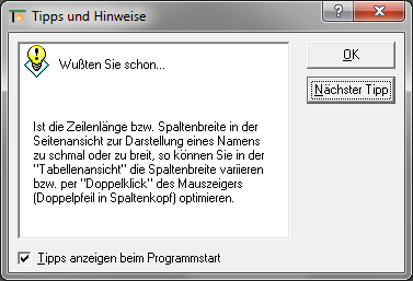 Screenshot  Tipps & Hinweise (Spaltenbreite)