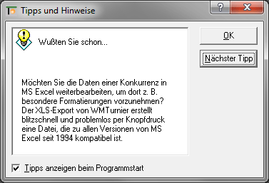 Screenshot  Tipps & Hinweise (XLS-Export)